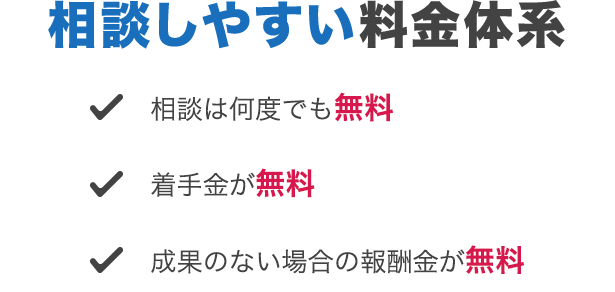 相談しやすい料金体系 相談は何度でも無料 着手金が無料 成果のない場合の報酬金が無料